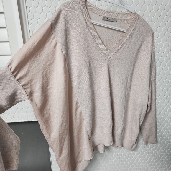 All Saints Alda Panel Oversized V-Neck Sweater Cream Pale Pink Jumper Top - Picture 7 of 10